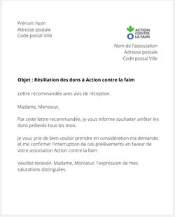 lettre resiliation action contre la faim